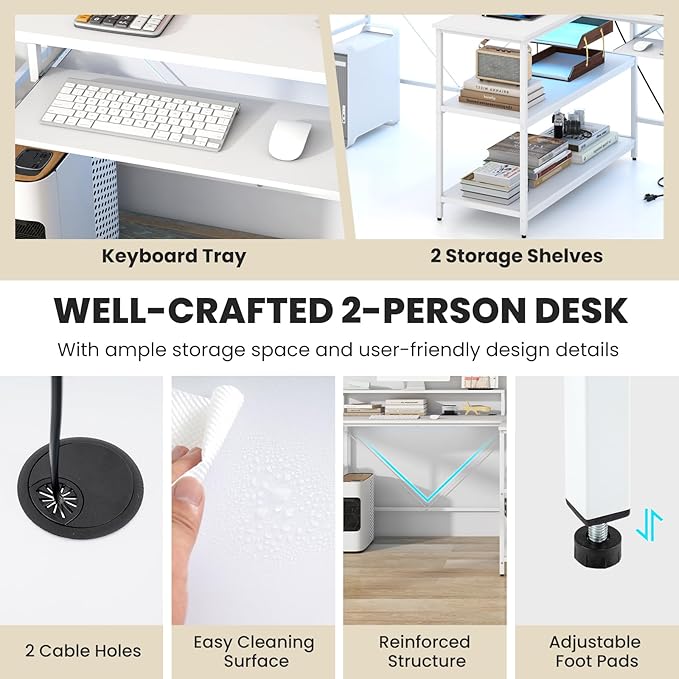 Tangkula 2-Person Reversible Computer Desk with LED Lights 94.5” Long Office Desk with Power Outlets Monitor Stand Keyboard Tray &amp 2 Storage Shelves Double Desk for Gaming Working Writing (Whi