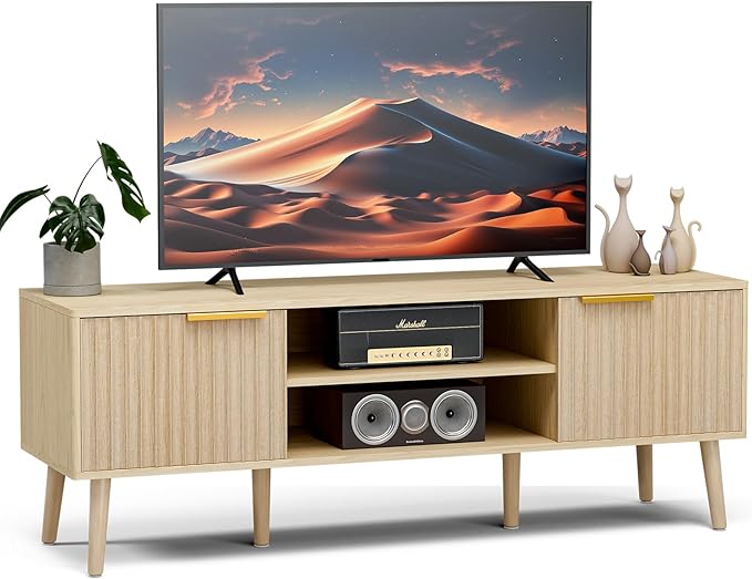 TV Stand for Living Room Boho Entertainment Center for 55/60 inch TVs Media Console with Fluted Door Cabinets and Open Shelves for Bedroom Oak