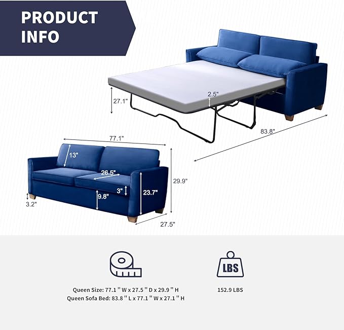 ZAFLY 77 Pull Out Sofa Bed Convertible Sleeper Sofa with Memory Foam Mattress Velvet Modern Couch Bed for Home Apartment Easy Assembly - Blue