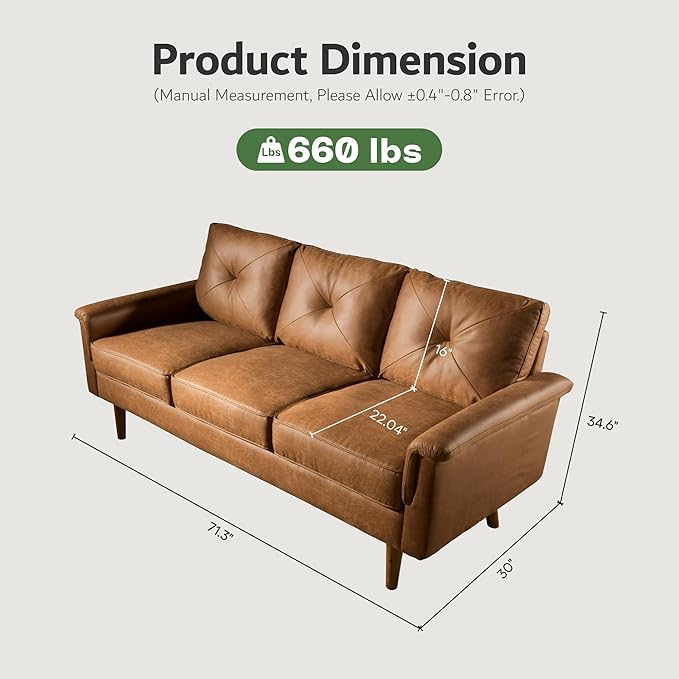 ovios Luxury 3 Seater Sofa with Faux LeatherMid-Century Modern Couch with Comfortable ArmrestComfy Couches with Deep SeatSmall Sofas for Living Room Bedroom (Light Brown)