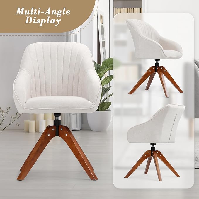 Athena Collection Swivel Modern Accent Chair Linen Upholstered Armchair Office Desk Chair No Wheels with Wooden Legs Comfy Vanity Chair Reading Chair for Bedroom Living Room Office White