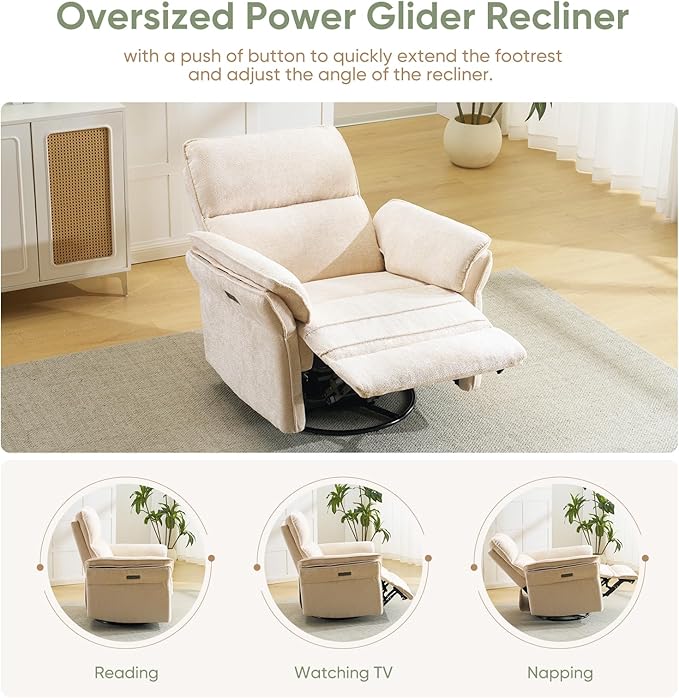 Oversized Power Recliner Chair Swivel Glider with Massage and Heat Rocker Nursery Recliner for Adults with Adjustable Headrest 26 Extra Wide Nursery Chair with Overstuffed ArmrestBeige