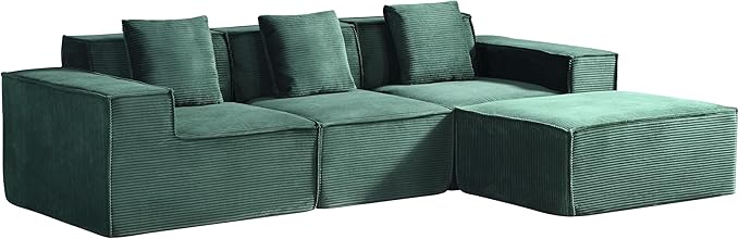 Rowan Convertible Corduroy Sectional Couch with Ottoman &amp Pillows Modular L Shaped Sleeper Sofa Boneless Cloud Couch for Living Room Furniture Dark Green
