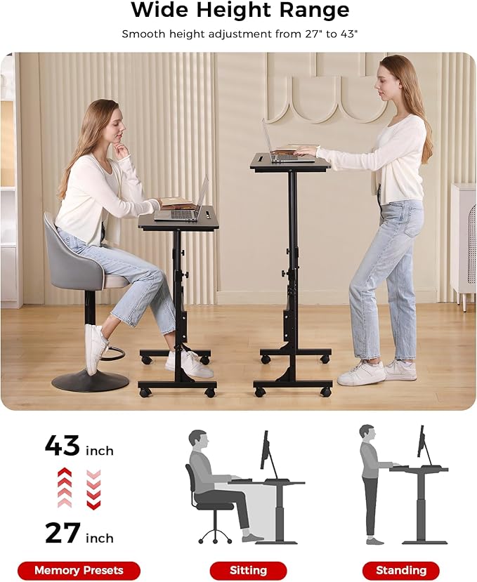 Standing Desk Adjustable Height Mobile Stand Up Desks with Wheels Small Computer Desk Rolling Desk Portable Laptop Desk Black Standing Table Sit Stand Home Office Desks 16x31.5 Height 27-43.5