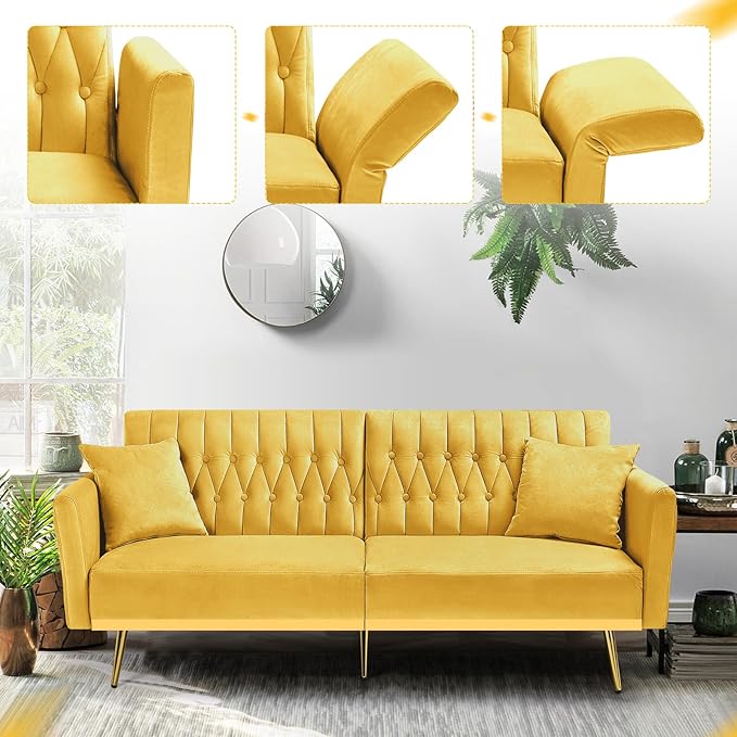 70” Velvet Futon Sofa Bed w/Adjustable Armrests &amp 2 Pillows Convertible Futon Couch w/Adjustable Backrests Modern Sleeper Bed for Living Room Bedroom Yellow