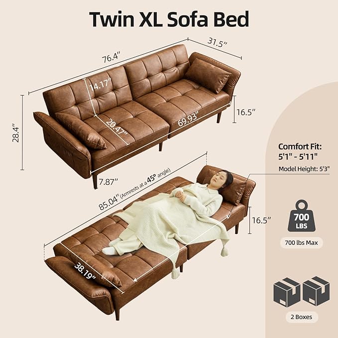 85” Futon Sofa Bed Sleeper Sofa Small Couch with Storage Adjustable Armrests Pillows Faux Leather Loveseat Mid Century Modern Couches for Living Room Bedroom Apartment Brown