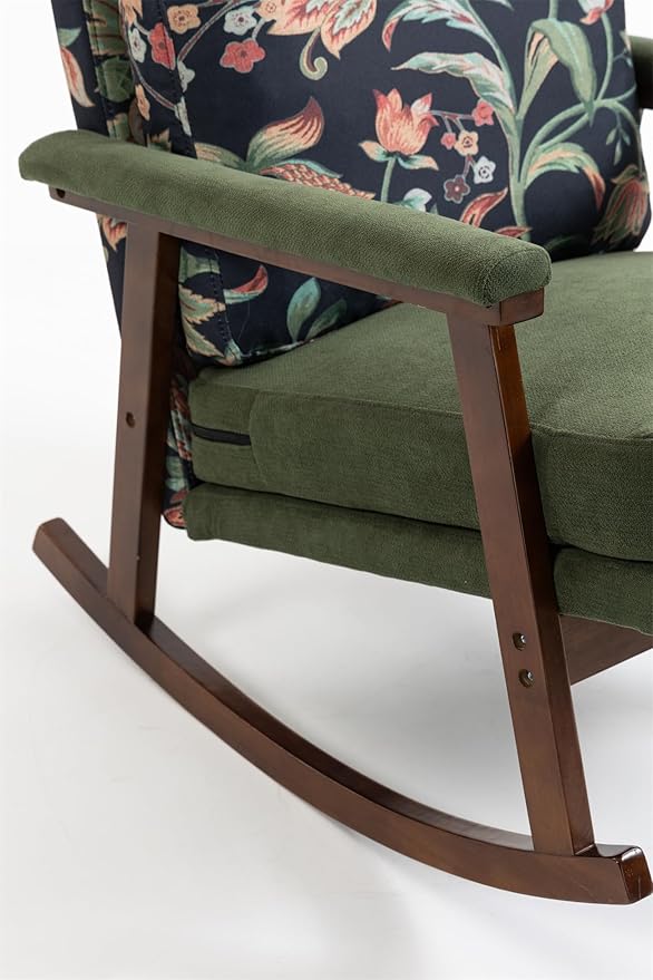 ZeHuoGe Mid Century Modern Accent Chair Rocking Chair with Wood Frame Upholstered Living Room Chairs Reading Armchair for Bedroom Sunroom (Antique Green)