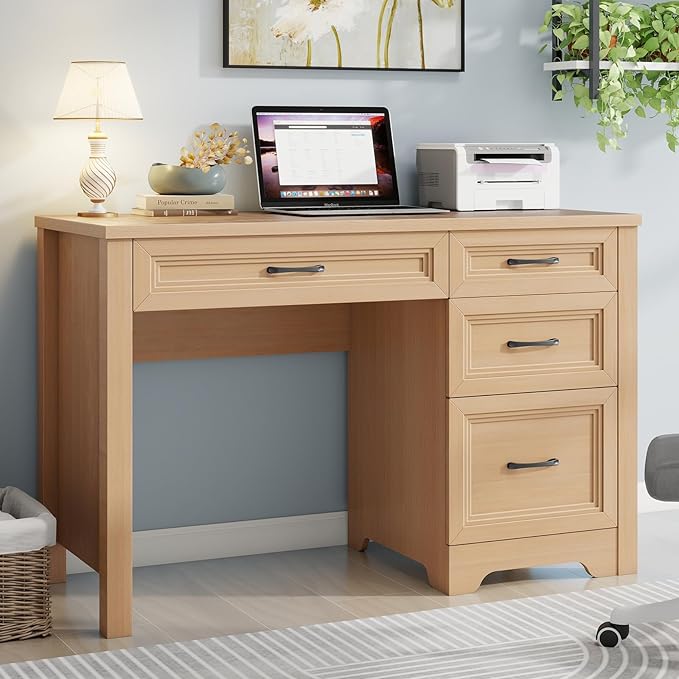 Farmhouse Executive Desk with Drawers Wood Computer Desk with Ample File Drawer Rustic Home Office Desk with Storage for Bedroom Living Room Natural