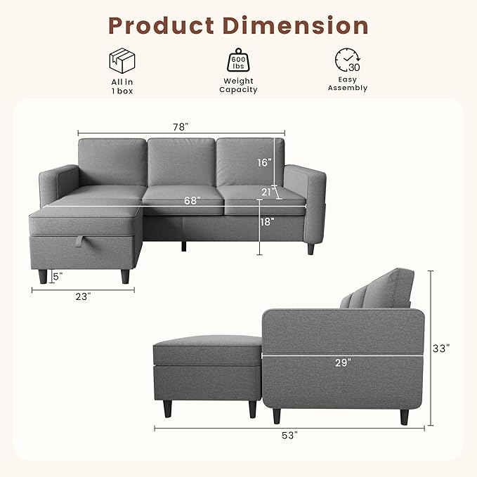 Sectional Sofa Couches for Living Room - 78''Convertible Modular Three-Seater L-Shaped Pet-Friendly CouchWashable Sofa Cover-Bench Storage Suitable for Small Living Room ApartmentOffice
