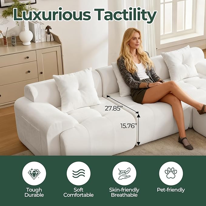 129.23”Modular Sectional Couch for Living Room Modren L-Shape Cloud Sectional 4-Seater Sofa with 2 Movable Ottomans Woven Texture Upholstery Boneless Couch No Assembly Beige