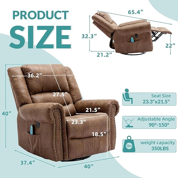 MEETWARM Oversized Massage Rocking Recliner Chair with Heat Manual Glider Swivel Rocker Recliner with High Back 360°Swivel Nursery Reclining Sofa with Remote Control/USB Port for Living Room(Brown)