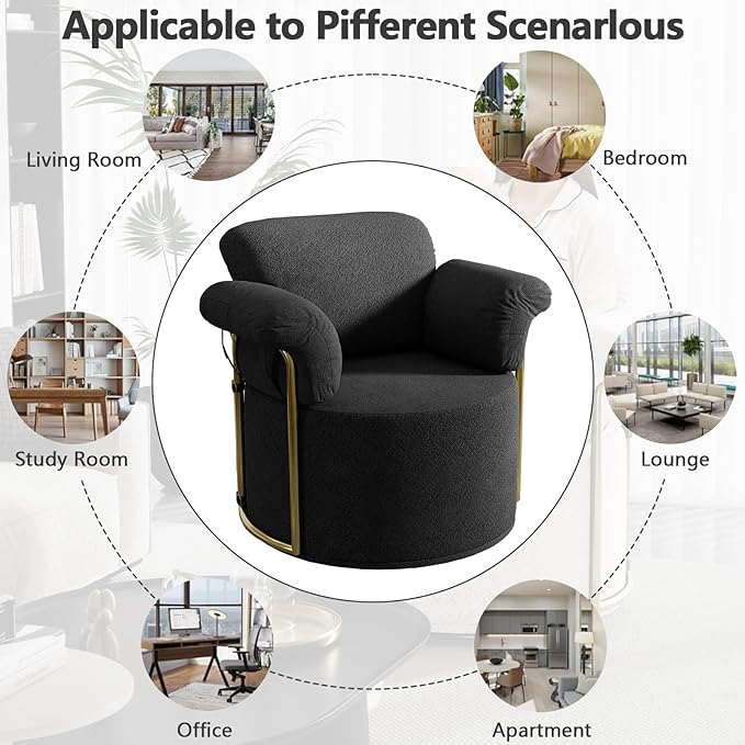 Swivel Accent Chairs for Living Room 360 Swivel Barrel Chair with Arm for Bedroom Upholstered Round Chair &amp Corner Chairs with Gold Frame for Small Spaces Chenille (Black)