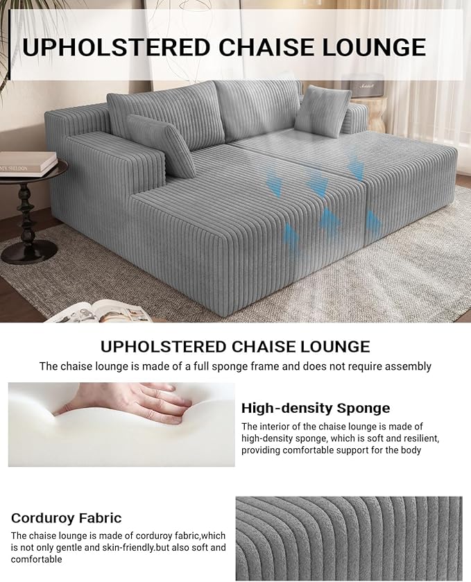 71 Oversized Double Chaise Lounge Sofa Cloud Plush Deep Seat Loveseat Sleeper Couch Upholstered Boneless Corduroy Sofa Bed No Assembly Modern Lounge Chair for Living Room Bedroom Reading (Grey)