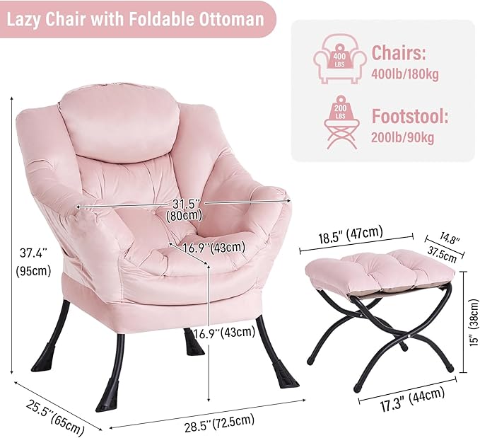 Lazy Chair with Ottoman Modern Chair with Folding Footrest Lounge Accent Chair Comfortable Reading Chair Oversized Armchairs for Bedroom Study Living Room Courtyard (Pink)