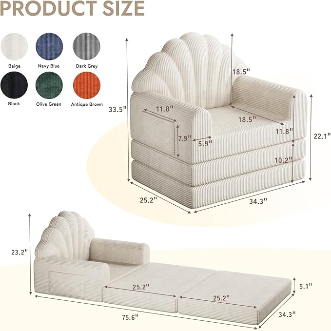 2-in-1 Folding Sofa Bed with Back Support 75 D x 34 W Convertible Futon Sleeper Chair for Adult Fold Out Bean Bag Floor Foam Lounger Couch for Living Room Bedroom Small Space Beige