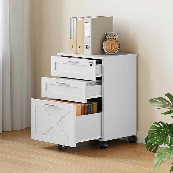 Secure 3-Drawer Wood File Cabinet with Lock – Mobile Under Desk Filing Cabinet Fits Letter/Legal/a4 Rolling Cabinet with Wheels – Classic Color