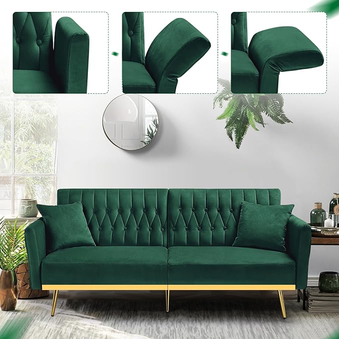 70” Velvet Futon Sofa Bed w/Adjustable Backrests and Armrests Convertible Futon Couch with 2 Pillows Modern Tufted Sleeper Bed for Living Room BedroomGreen