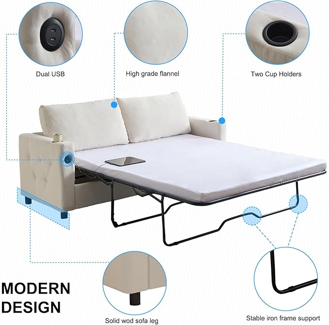 PUREMIND Queen Pull Out Sofa Bed 2-in-1 Velvet Sleeper Sofa with USB &amp Cup Holders 67 Sleeper Loveseat Couch Bed with Folding Mattress Pull Out Couch for Living Room Small Spaces Beige