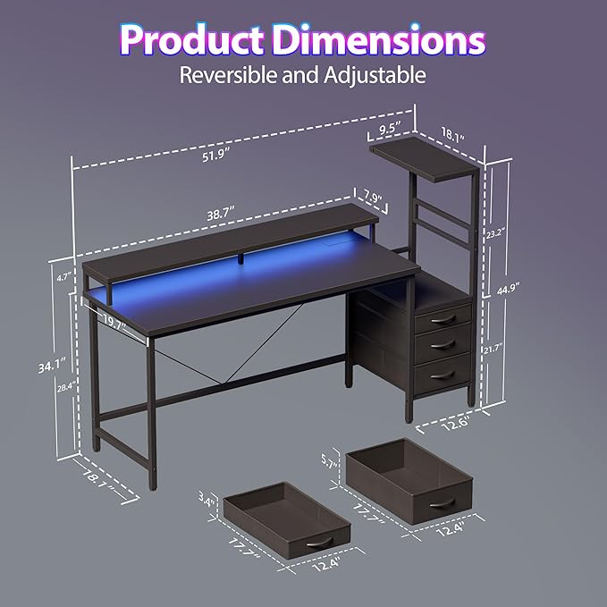Mericonia Gaming Desk with Power Outlets &amp LED Lights Reversible Computer Desk with PC Case Stand Fabric Drawers Modern Office Desk with Shelves Monitor Stand