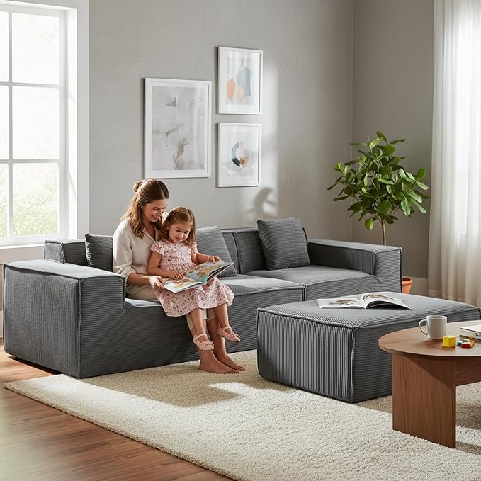 Rowan Convertible Corduroy Sectional Couch with Ottoman &amp Pillows Modular L Shaped Sleeper Sofa Boneless Cloud Couch for Living Room Furniture Dark Grey