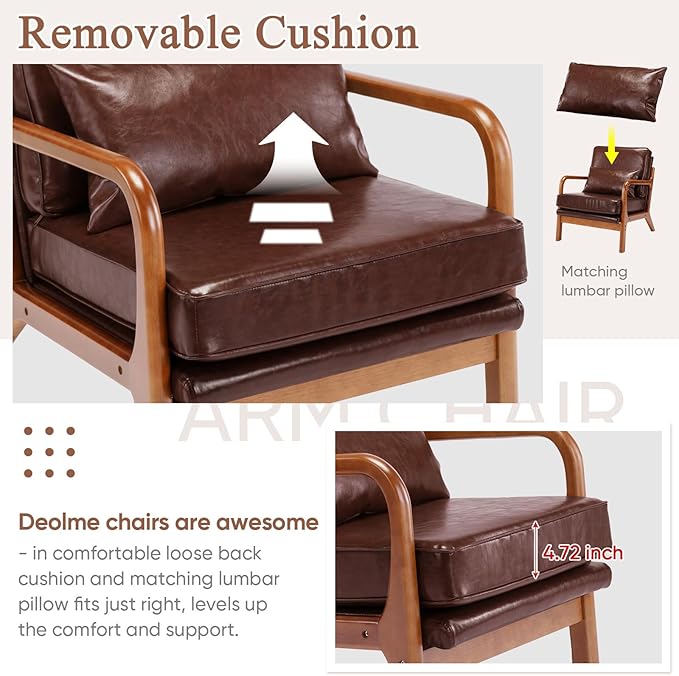 Brown Faux Leather Accent Chair- Comfy Solid Wood Arm Chair Mid Century Modern Armchair Lounge Sitting Decorative Office Side Chair Club Small Bedroom Reading Nook Sillas De Sala Living Room Furniture