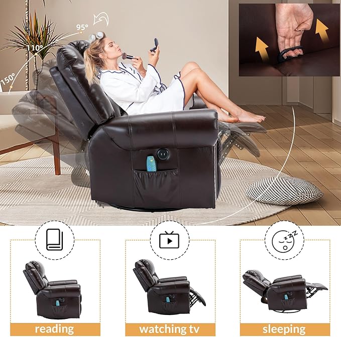 Manual Massage Recliner with Heating Function 360° Swivel Glider Rocking Recliner Chair for Living Room Ergonomic Single Sofa Chair with Remote Control/USB Ports/Side Pockets(Dark Brown)