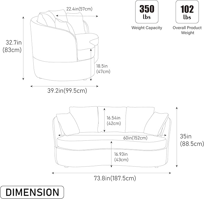 KEIKI 74” Curved Loveseat Sofa Curved Couches with 4 Removable Cushions Modern Luxury Plush Chenille Extra-Deep Seat Sofa for Small Spaces Living Rooms Bedroom Brown
