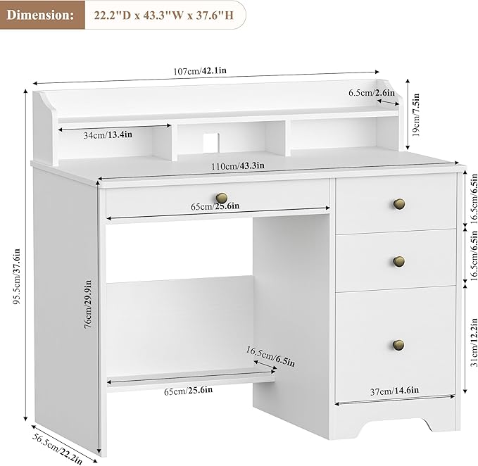 TTVIEW Computer Desk with Drawers and Hutch Shelf Wood Executive Desk Writing Study Table with 43” Wide Tabletop Small Desk with File Drawer for Home Office Bedroom White