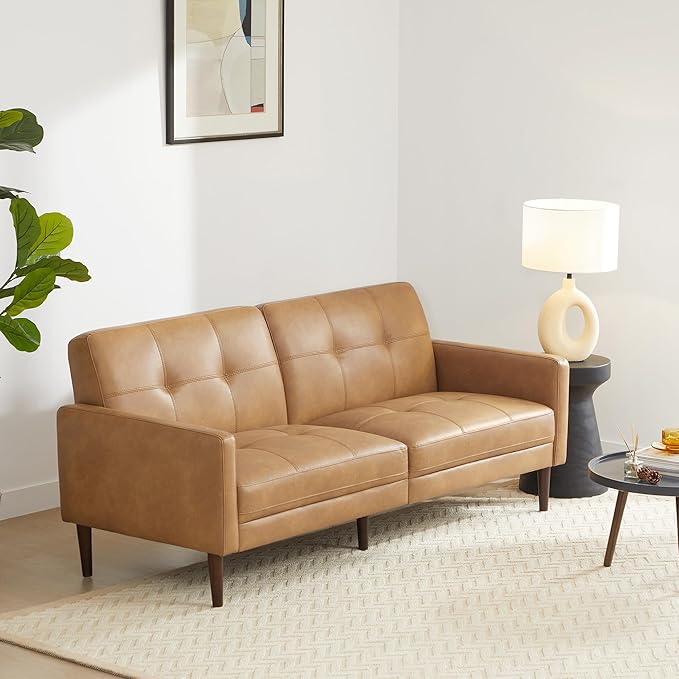 CHITA Mid-Century Sofas Furniture 73.2''W Faux Leather Sofa Couch Sets for Living Room Apartment Cognac Brown