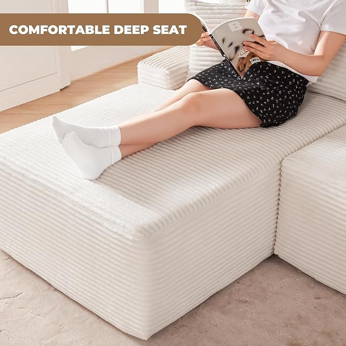 104'' Corduroy Boneless Couch for Living Room Modular Cloud Sectional Couches with Deep Seat Comfy Fluffy Sofas with L-Shaped ChaiseNo Assembly Required2PC Free Combination (White)