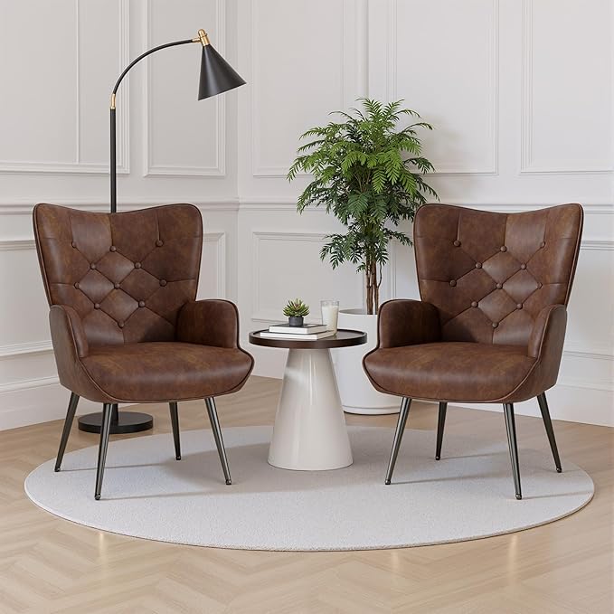 Nalupatio Mid Century Modern Accent Chair Set of 2 PU Leather Upholstered Tufted Button Chairs Living Room Reading Wingback Armchair Side Chair for Living Room Bedroom Brown