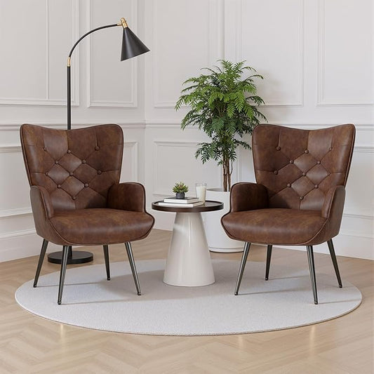 Nalupatio Mid Century Modern Accent Chair Set of 2 PU Leather Upholstered Tufted Button Chairs Living Room Reading Wingback Armchair Side Chair for Living Room Bedroom Brown