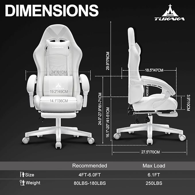 White Gaming ChairErgonomic Massage Computer Office Desk Chair with FootrestPocket Spring CushionReclining Leather Adjustable Gamer Chair with Headrest and Lumbar SupportWhite