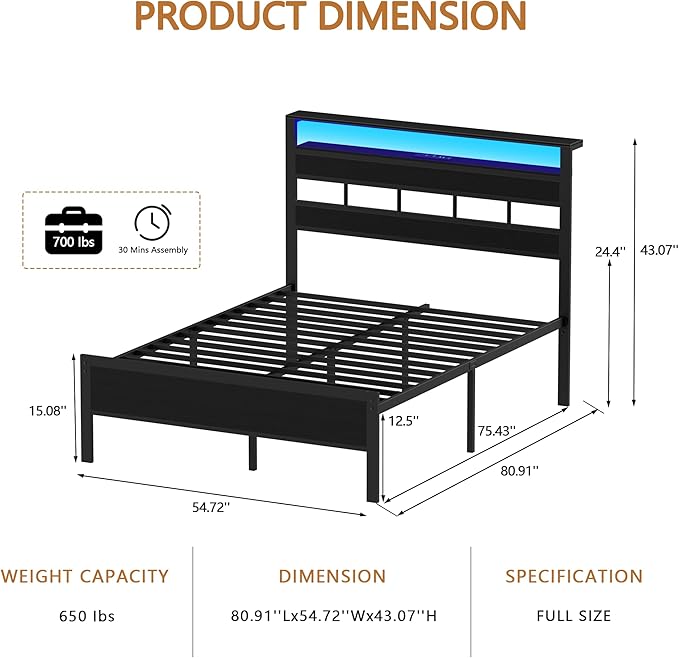 Furnulem Full Size Bed Frame with LED Light and Charging Station Wood Storage Headboard with 2-Tier Shelves Metal Platform Bed with Heavy Duty Slats Support No Box Spring Needed Black Oak