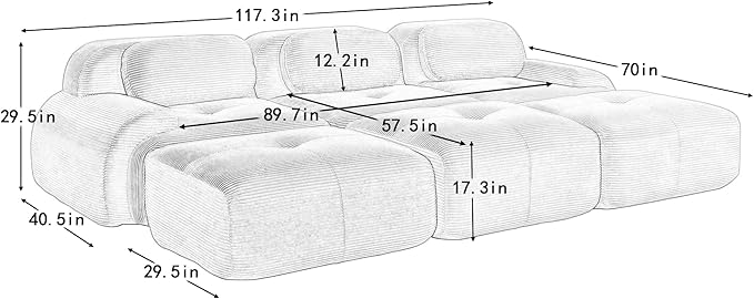 Modular Sectional Sofa 117.3 Cloud Couch 3-Seater Sectional Couch with Movable Ottoman Modern Deep Seat Couches for Living Room Comfy Corduroy Boneless Sofa for Bedroom No Assembly Pink