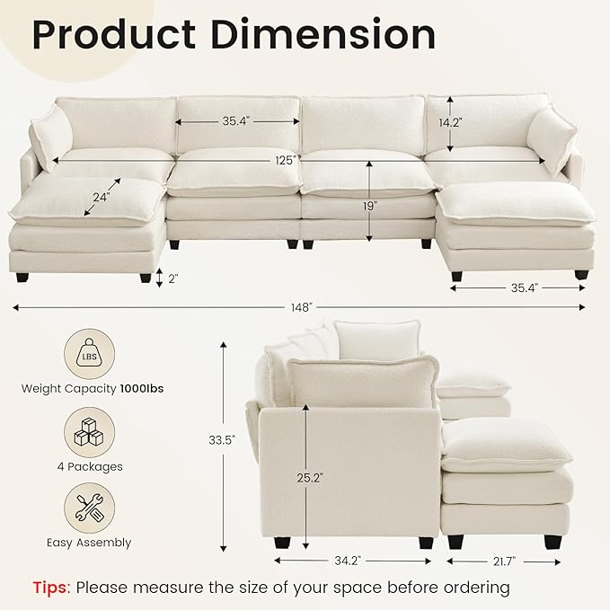 ROWHY Oversized Modular Sectional Couch with 2 Movable Ottoman 148 Modern Convertible U Shaped Sofa Set 4 Seat Comfy Cloud Couch with 2 Throw Pillows for Living Room and Office Chenille Beige