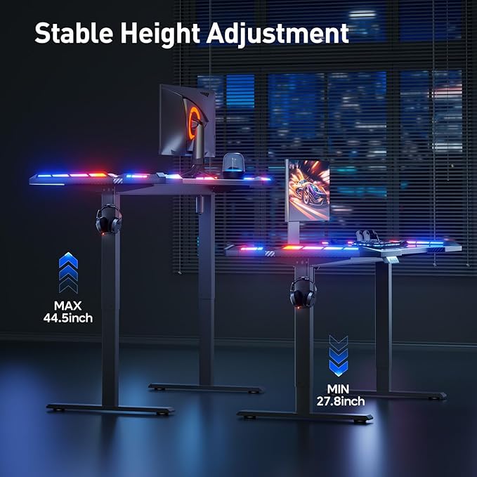 HLDIRECT Gaming Standing Desk with LED Lights 63 Inch Electric Height Adjustable Table with Headphone Hook Carbon Fiber Surface Sit Stand Gamer Desk Computer Workstation for Bedroom Home Black