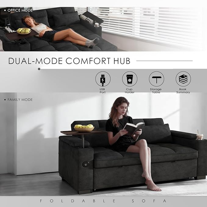 Dreamzie 65'' 3 in 1 Convertible Sleeper Sofa Bed Chenille Pull Out Couch for Living Room with 90° Swivel Side Table Loveseat Sleeper with Charging Port | Side Pocket | Cup Holders Black