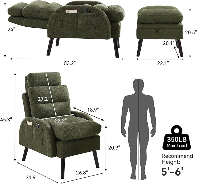 Accent Chair with Ottoman Comfy Reading Chair with Ottoman Set Modern Oversized Velvet Lounge Armchair with Adjustable Backrest for Living Room Bedroom (Teddy Dark Green)