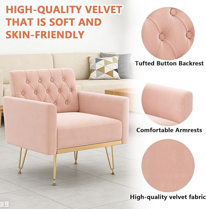 Pink Accent Chair for Living RoomBedroom | Mid Century Modern Velvet Armchair with Leg and Tufted BackComfy Small Single Reading Chair (Pink)