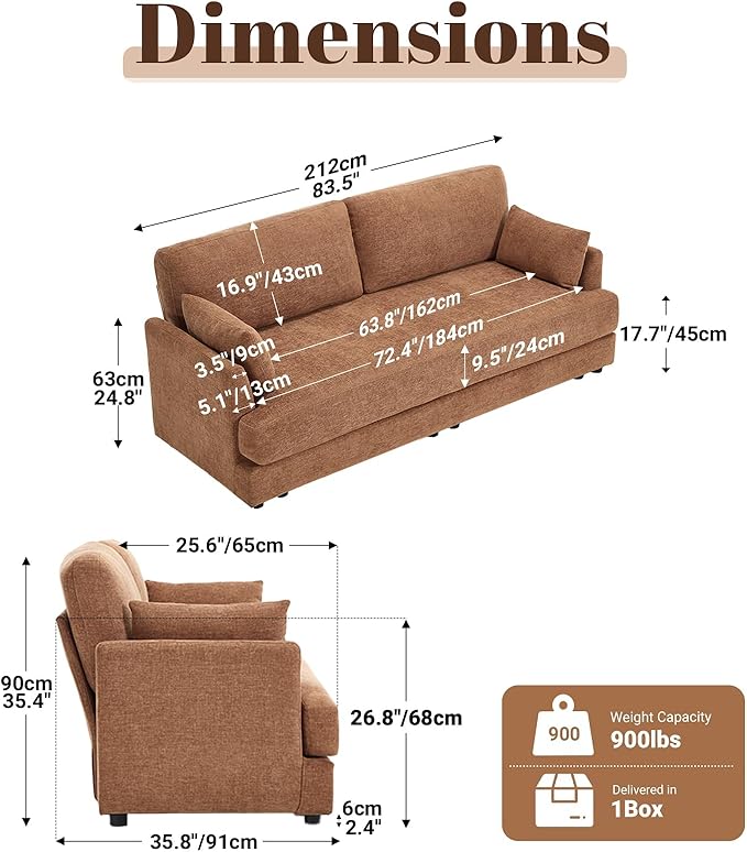 Kingfun 83 Chenille Sofa Modern Couch with Thickened Cushions Mid Century Couches with Solid Wood Frame Comfy Deeper Seats T-Cushion for Living Room and Bedroom Brown
