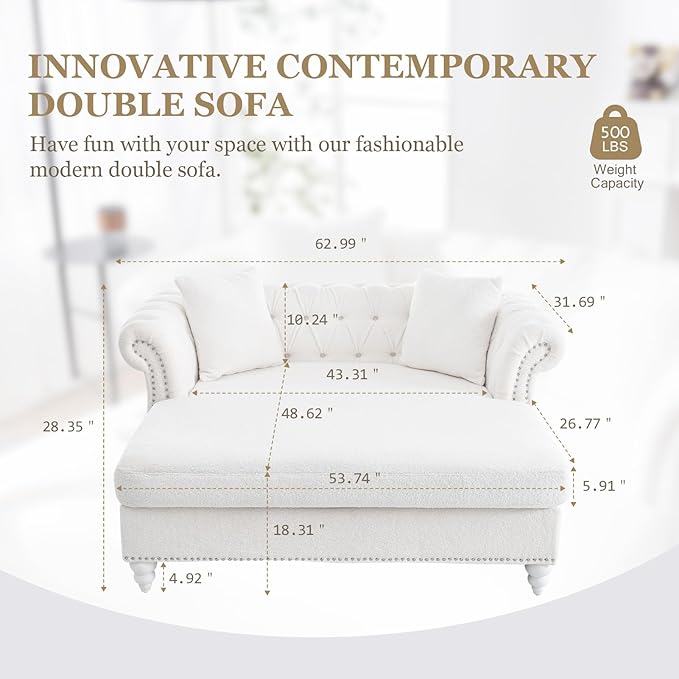 62.99 Chaise Lounge Indoor Comfy Reading Chair with 2 Pillows Loveseat Chesterfield Sofa with Tufted Back &amp Rolled Arm Oversized Chaise Lounge Couch Indoor for Living Room White Teddy