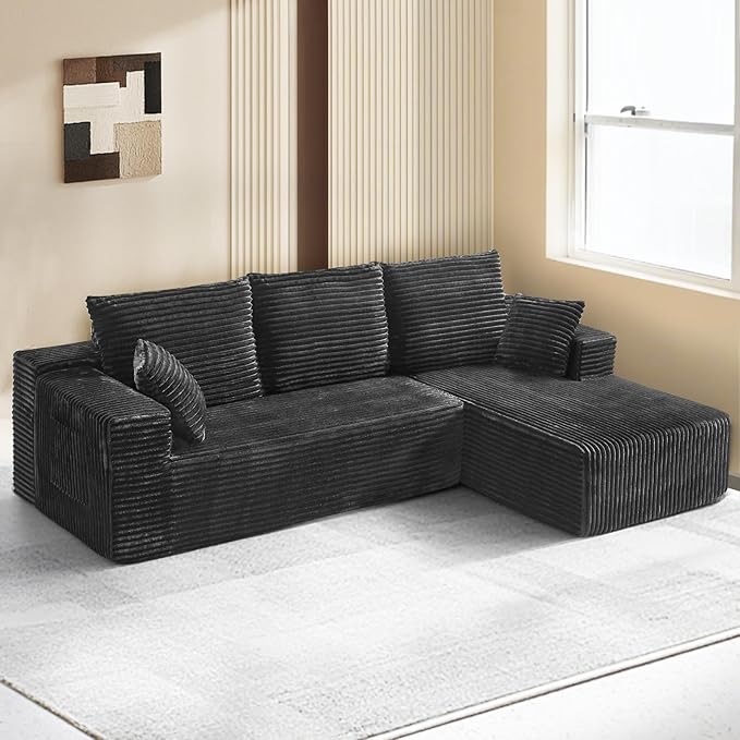 106'' Cloud Sectional Couch with L-Shape Chaise Boneless Modular Sofa with Deep Seat Modern Corduroy Couch for Living Room No Assembly Required. (Grey Right-Facing Chaise)