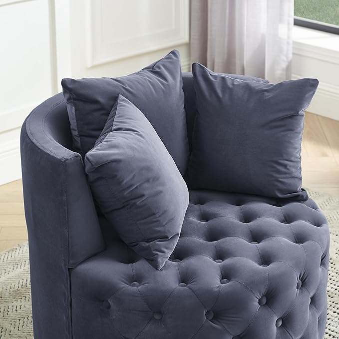 360° Swivel Accent Barrel Chair Velvet Comfy Round Chair with Button Tufted Design &amp 4 Moveable Wheels Upholstered Modern Lounge Reading Chairs for Living Room Bedroom Apartment Clubs(Grey)