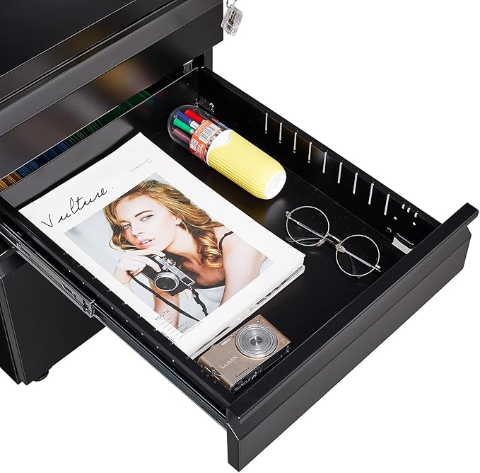 Mobile File Cabinet with Lock Office Storage Solution for Legal &amp Letter Size Documents Metal Filing Cabinet with Printer Stand Pre-Assembled Except Casters (Black 3 Drawers)
