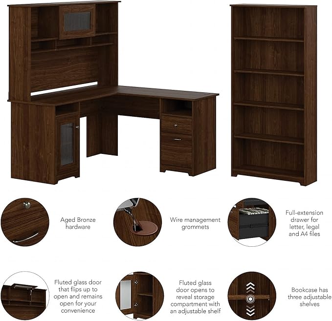 Bush Furniture Cabot 60W L Shaped Computer Desk with Hutch and 5 Shelf Bookcase in Modern Walnut
