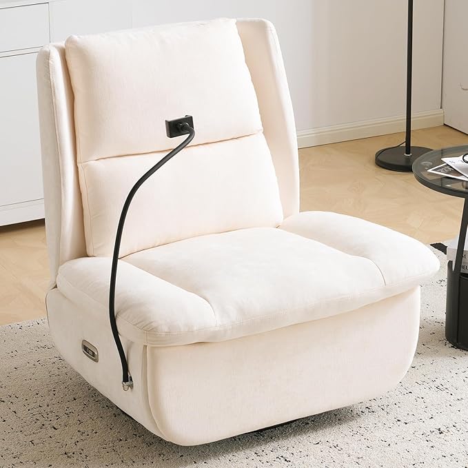 Swivel Rocker Recliner Chair Oversized Armless Recliner with Phone Holder &amp USB Port Power Recliner Chair for Adults Cross Legged Glider Rocking Chair for Living Room Chenille Beige