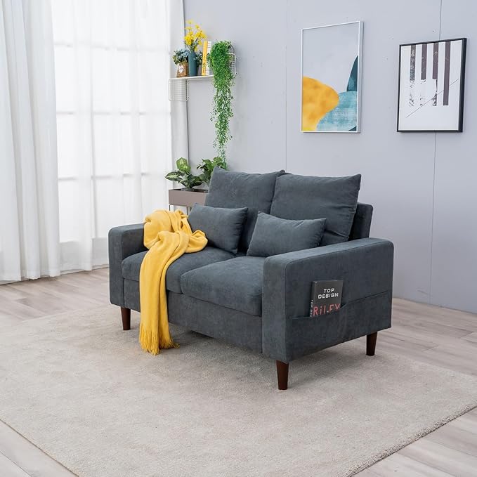 Panana Upholstered Modern Loveseat Sofa Couch for Living Room Fabric Love Seat w/ 2 Pillows and Wooden Legs 2 Seater Sofa Couches for Small Spaces Bedroom Apartment (Grey 2 Seater)