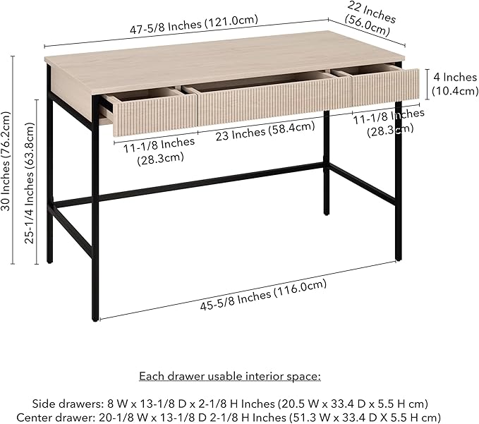 Henn&ampHart 48 Fluted Mid-Century Modern Rectangular Wooden Home Office Desk Computer Desk Writing Table with 3 Ribbed Storage Drawers for Bedroom Living Room or Home Office Beech White