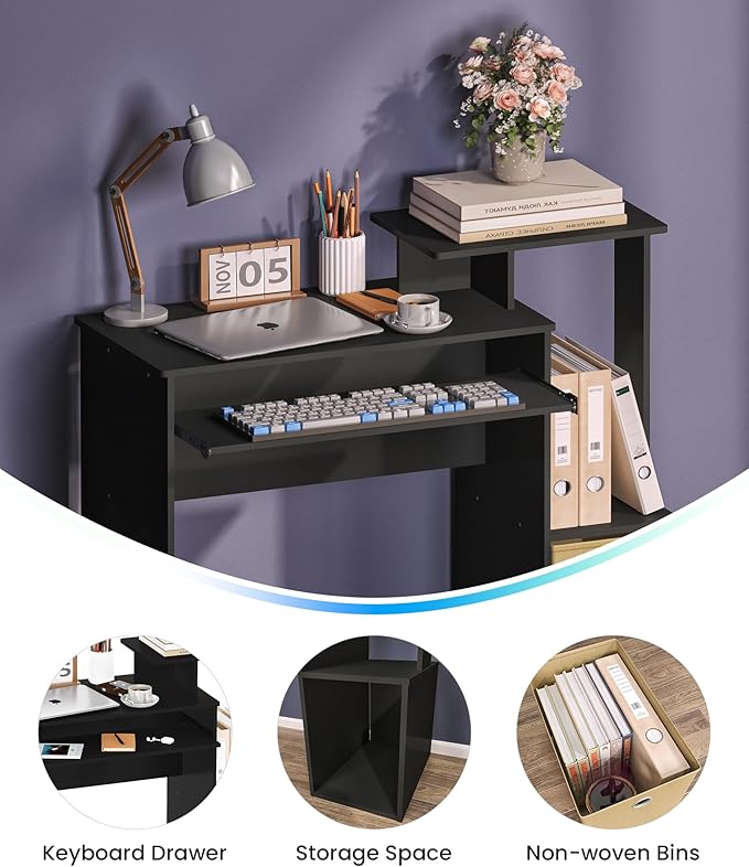 Black Computer Desk Working Table with Keyboard Drawer Small Study Desk for Bedroom Home Workstation for Writing Working Studying